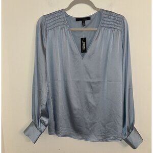 New White House Black Market Long Sleeve Smoked Shoulder Blouse Indigo Size M